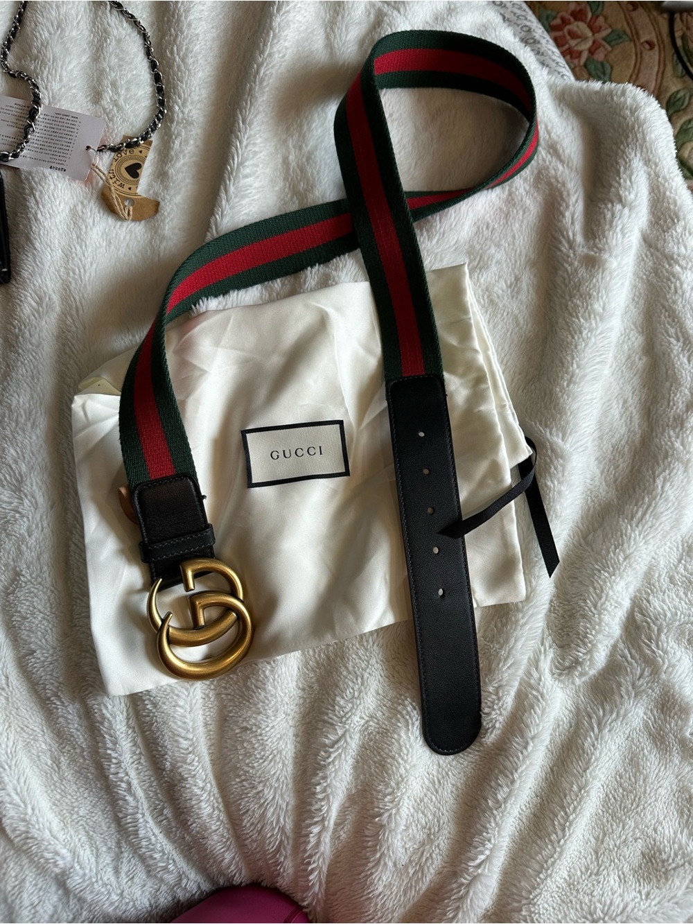 Gucci Green and Red Web Stripe Belt with Gold Double G Buckle